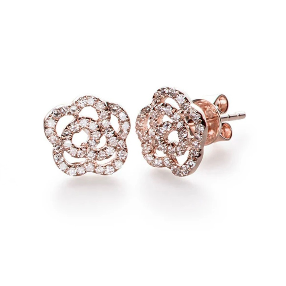 EF Collection Openwork Diamond Rose Stud Earrings in 14K Rose Gold, $950, EUC